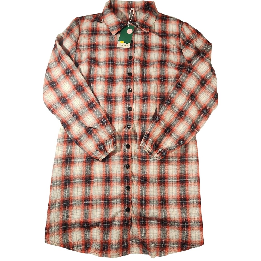 HALARA Shirt Dress Womens XL Red Plaid Flannel Button Front Long Sleeve Belted